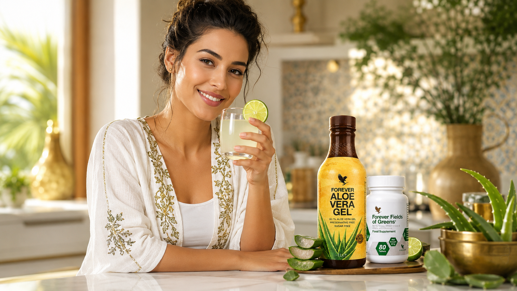 امرأة تشرب روتين Aloe Vera